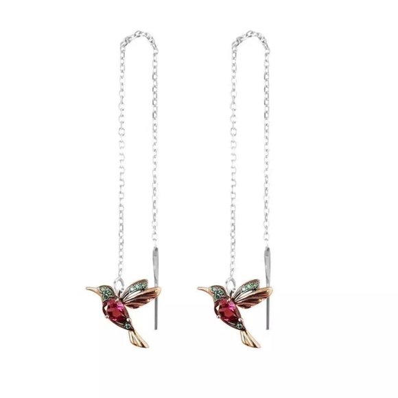 New Gold-Tone & Dark Red/Green Crystal Hummingbird Threaders w/Silver-Tone Chain - Picture 4 of 5